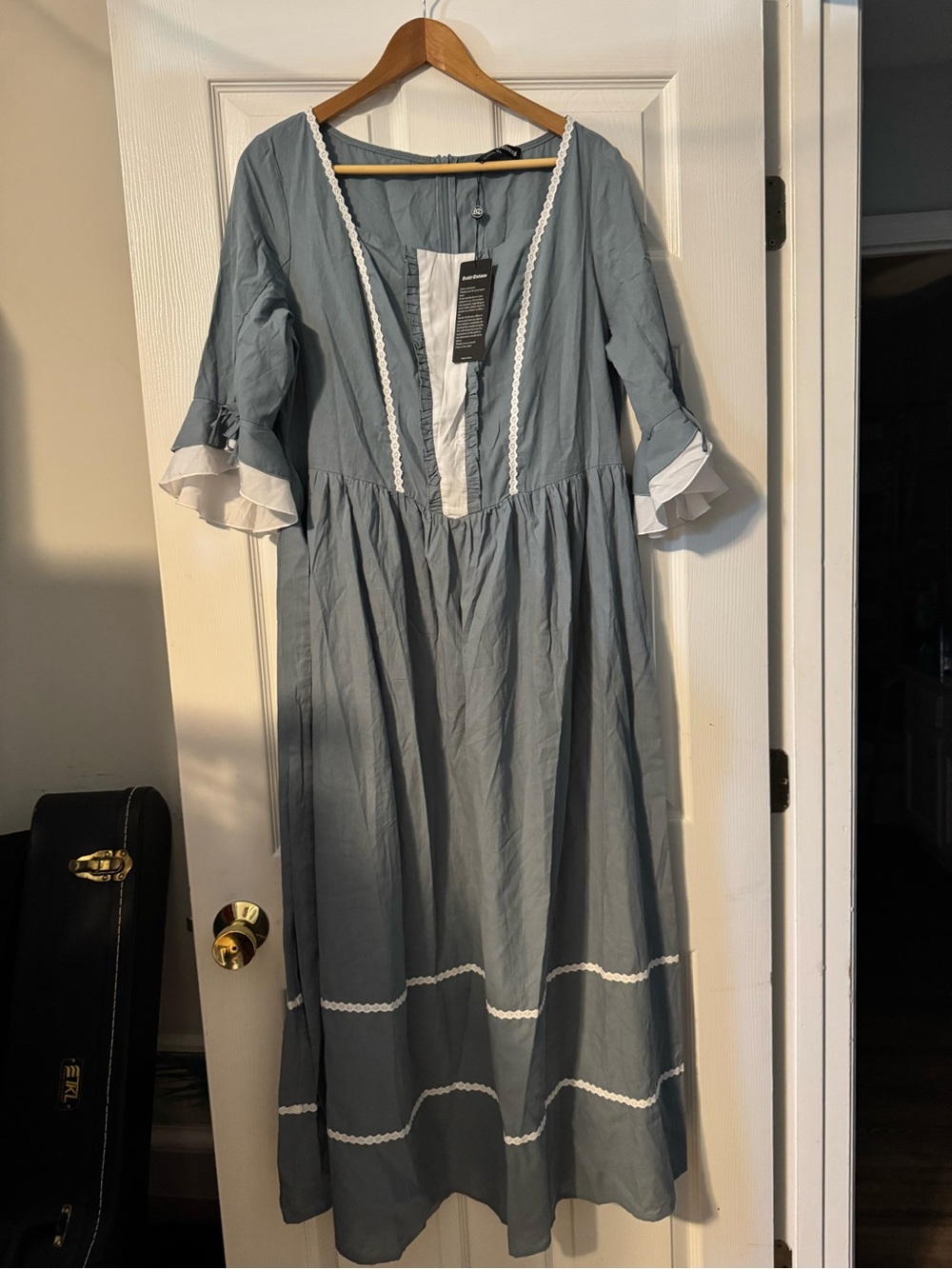 Light Blue Maxi Dress with White Trim - Feminine Peasant Style